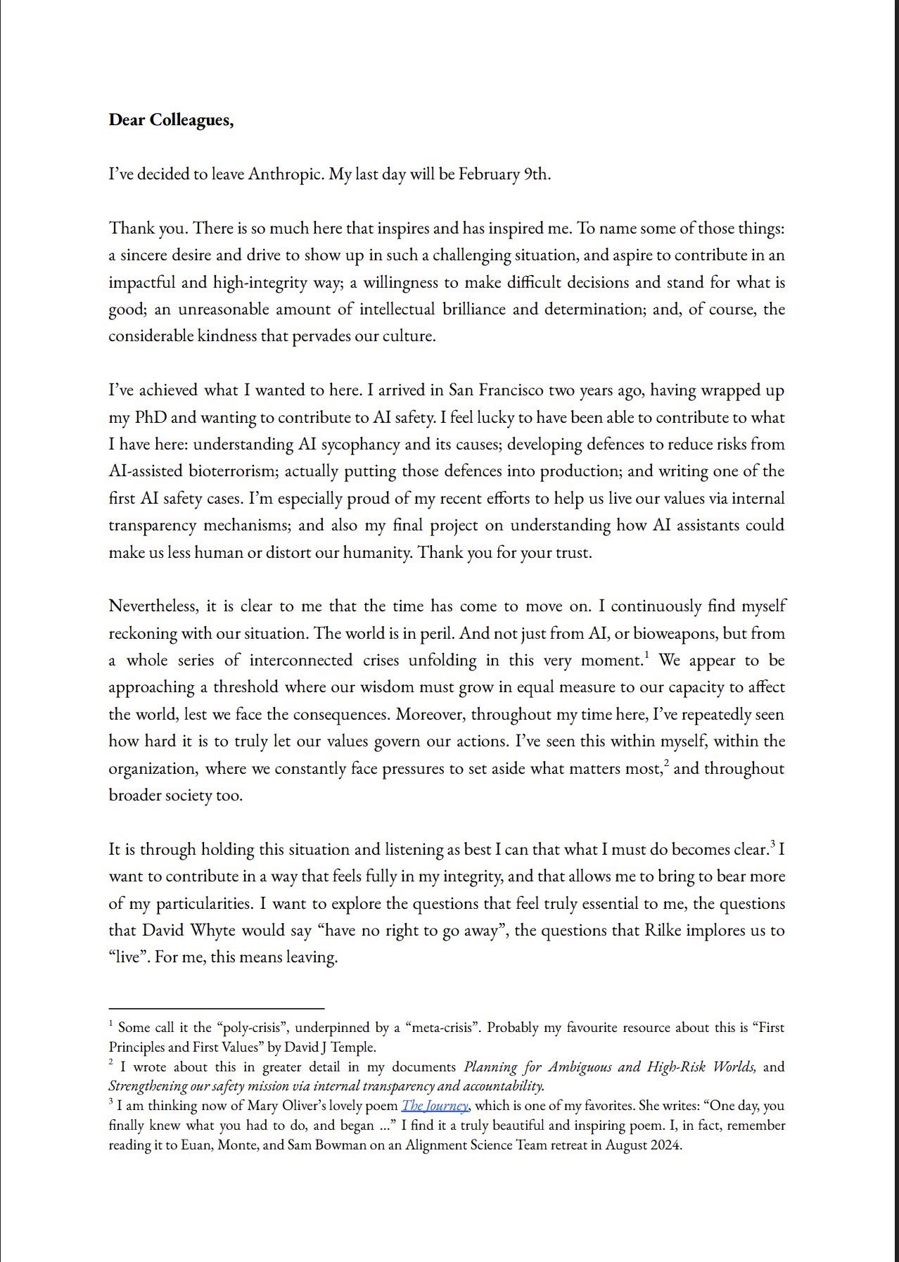 Resignation letter from Mrinank Sharma, page 1