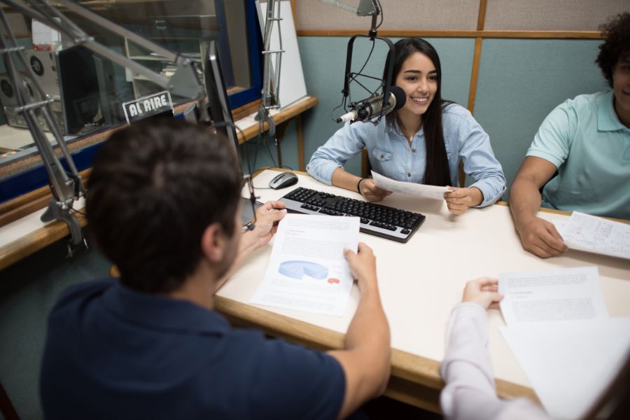 students studying radio and presenting