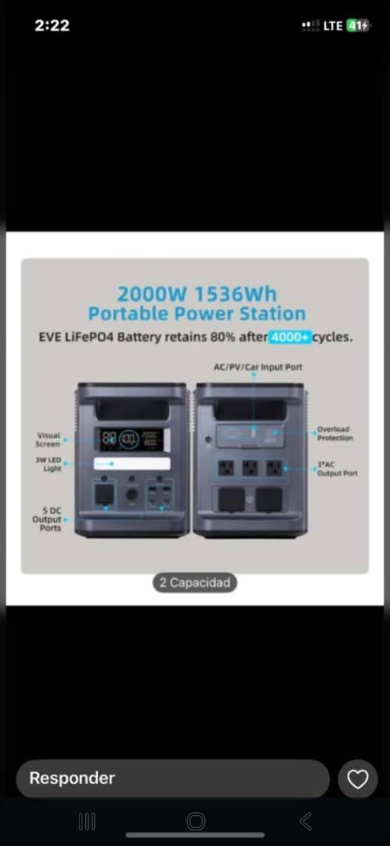 Estación de energía portátil de 2000 W y 1536 Wh