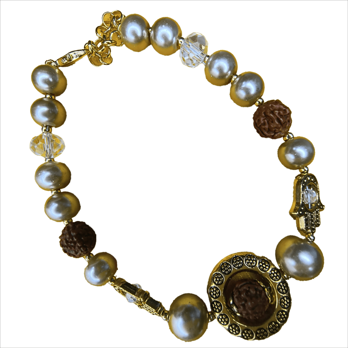 Pearl & Rudraksha Bracelet Rakhi for Brother | Hamsa Charm Rakhi with Antique Centerpiece | Adjustable Chain | Raksha Bandhan Gift by Trishaaya