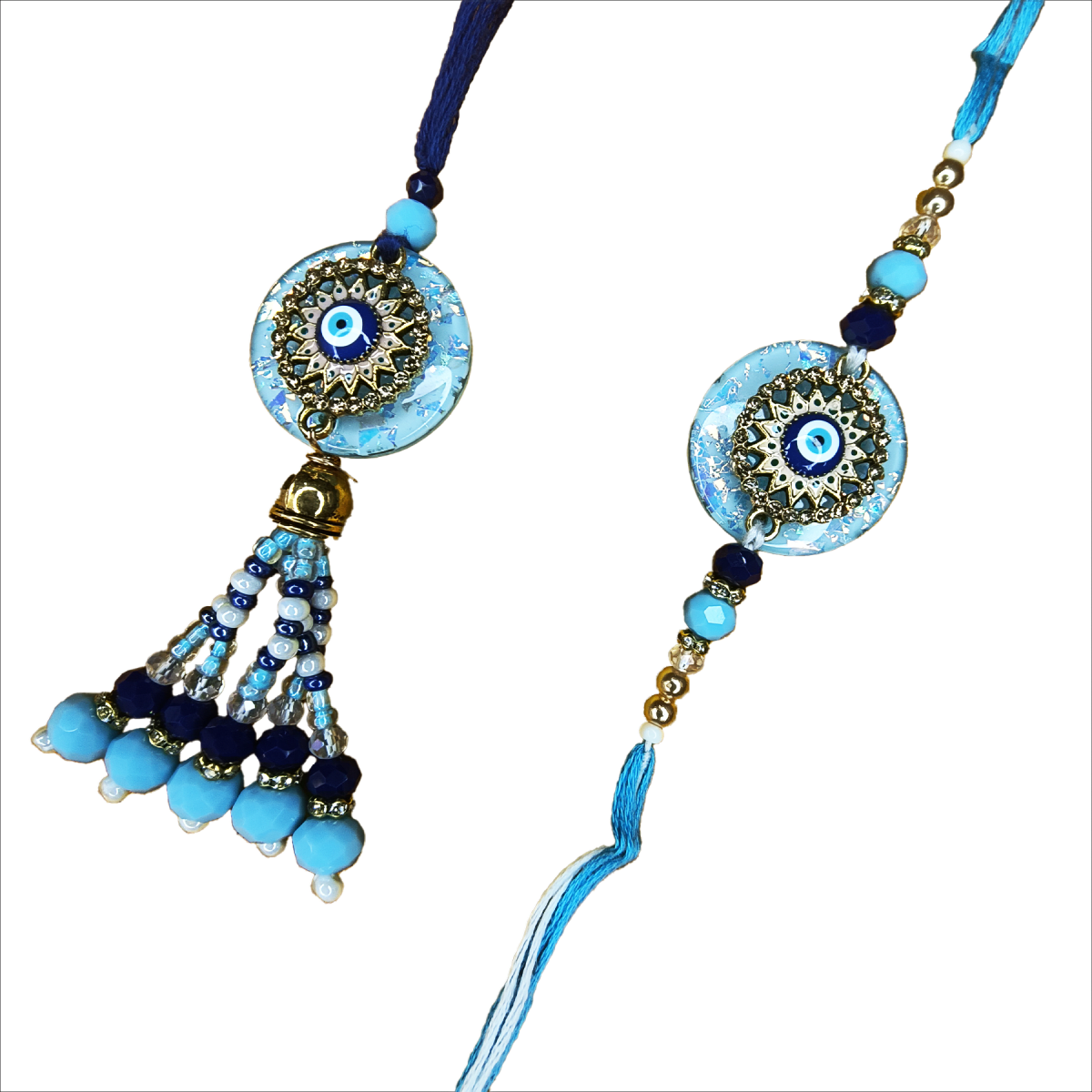 Evil Eye Bhaiya Bhabhi Rakhi Set | Designer AD Stone Rakhi with Tassel Lumba | Raksha Bandhan Gift by Trishaaya