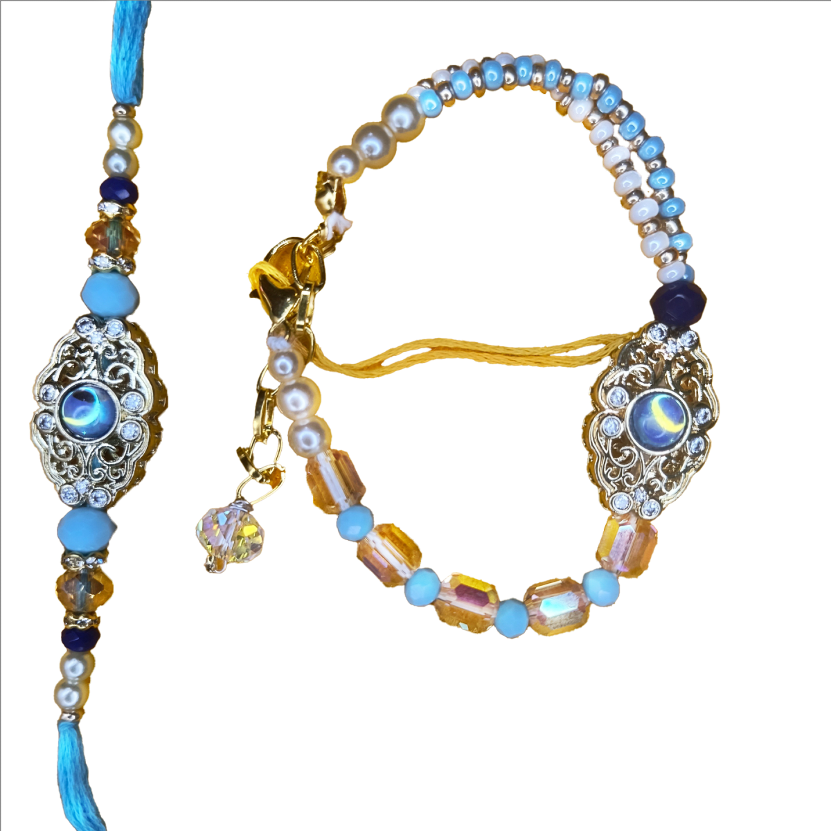 Premium Bhaiya Bhabhi Rakhi Pair with Blue Cat Eye Design | Designer Raksha Bandhan Rakhi Set by Trishaaya