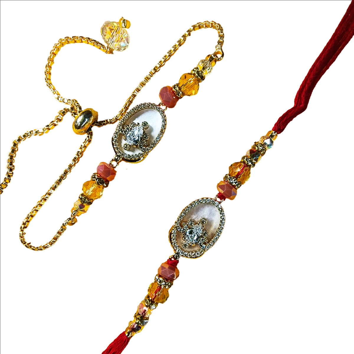 Premium Bhaiya Bhabhi Rakhi Pair with AD Stone Centerpiece | Designer Raksha Bandhan Rakhi Set by Trishaaya