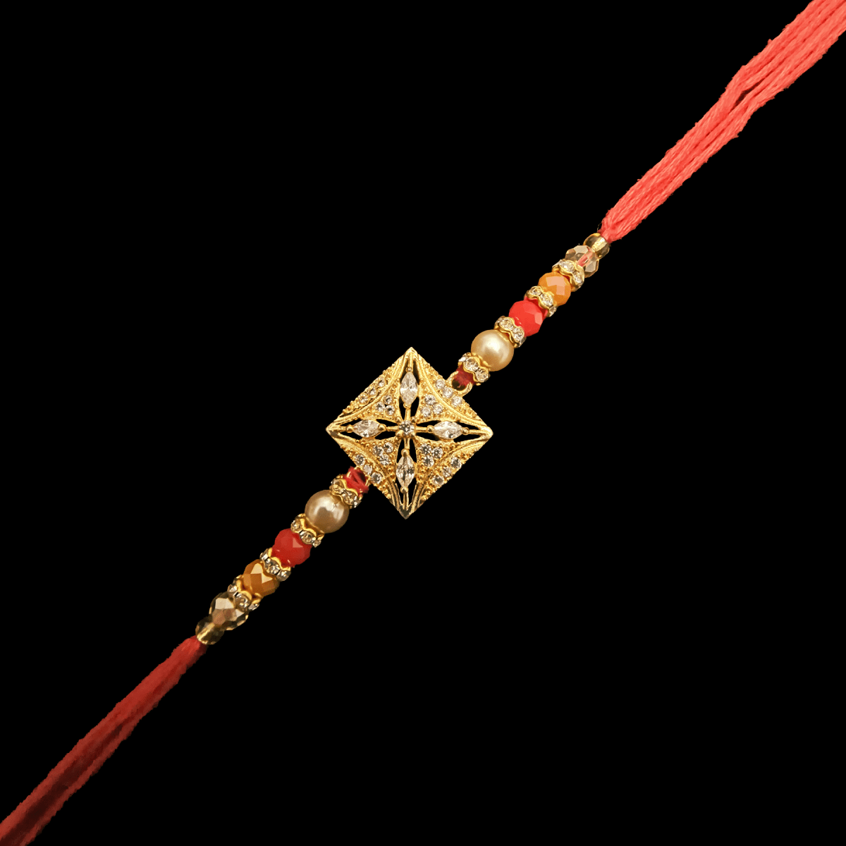 Ad Rakhi for Brother | Golden Designer Rakhi with Crystal & Pearl Beads | Premium Handcrafted Raksha Bandhan Rakhi by Trishaaya