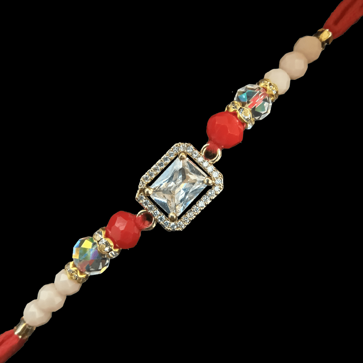 AD Rakhi for Brother | American Diamond Designer Rakhi with Pastel & Red Beads | Traditional Raksha Bandhan Thread by Trishaaya