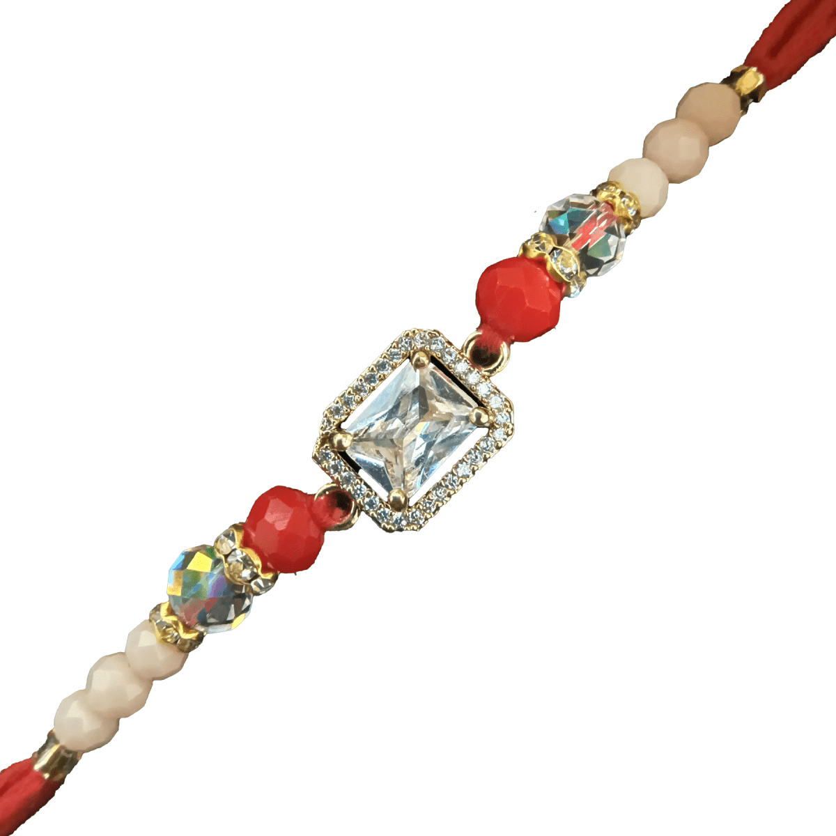 AD Rakhi for Brother | American Diamond Designer Rakhi with Pastel & Red Beads | Traditional Raksha Bandhan Thread by Trishaaya