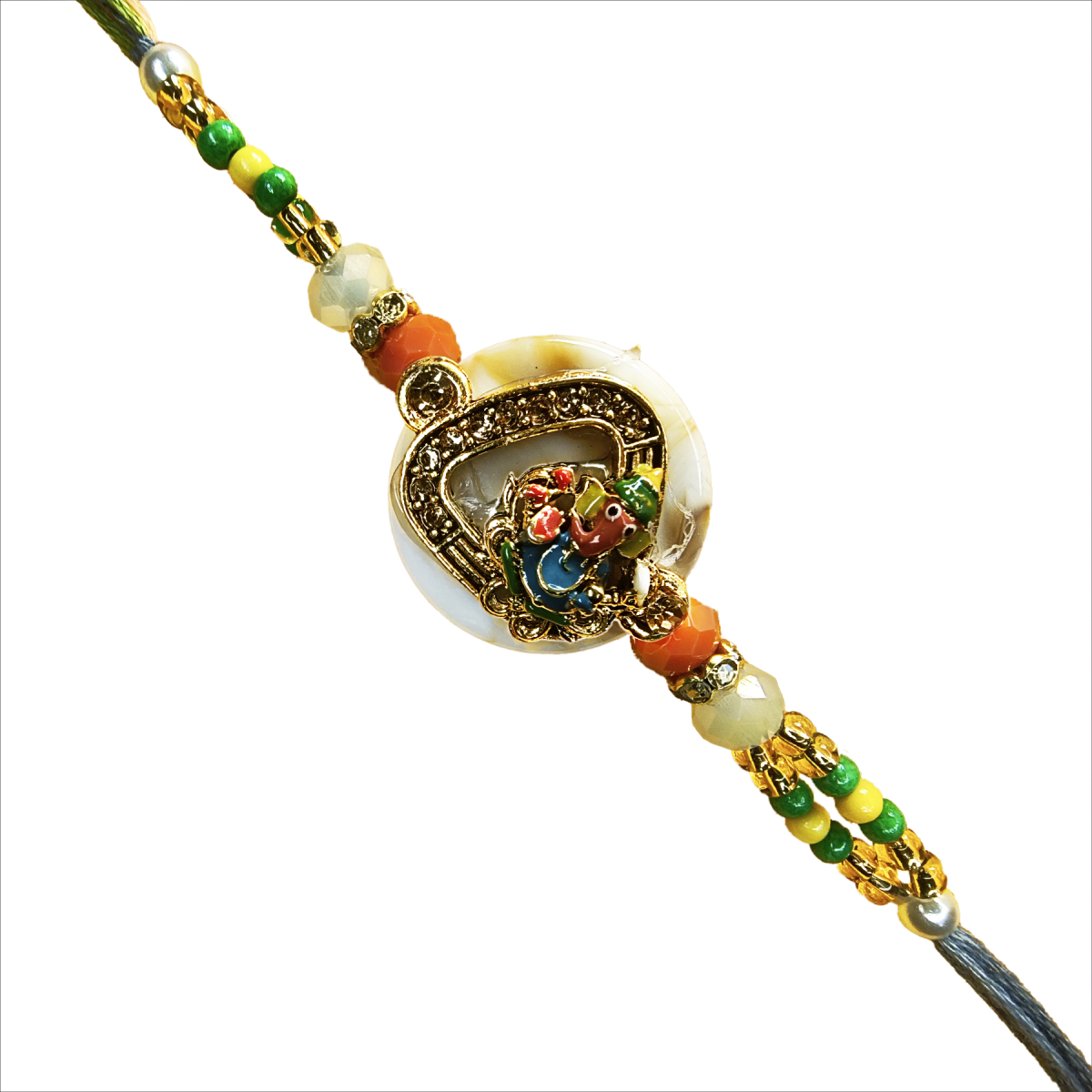 Premium Ganesha Rakhi with Pearl-Finish Centerpiece in Orange & Green | Handcrafted Rakhi for Brother