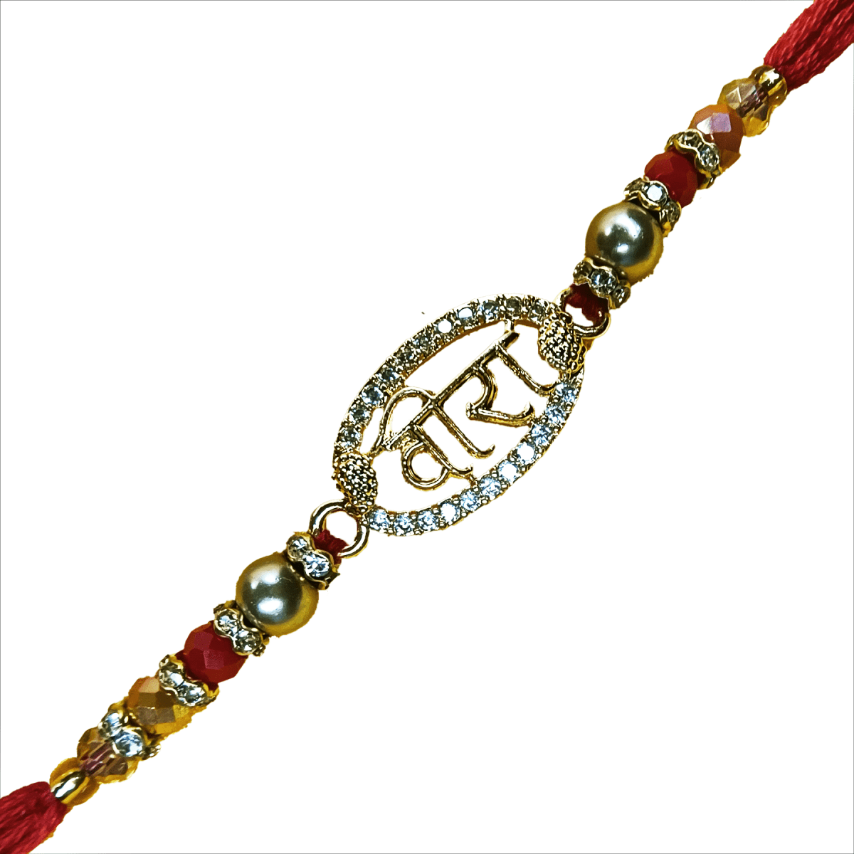 Premium “Veera” Rakhi with AD Stones in Red & Gold | Handcrafted Rakhi for Brother