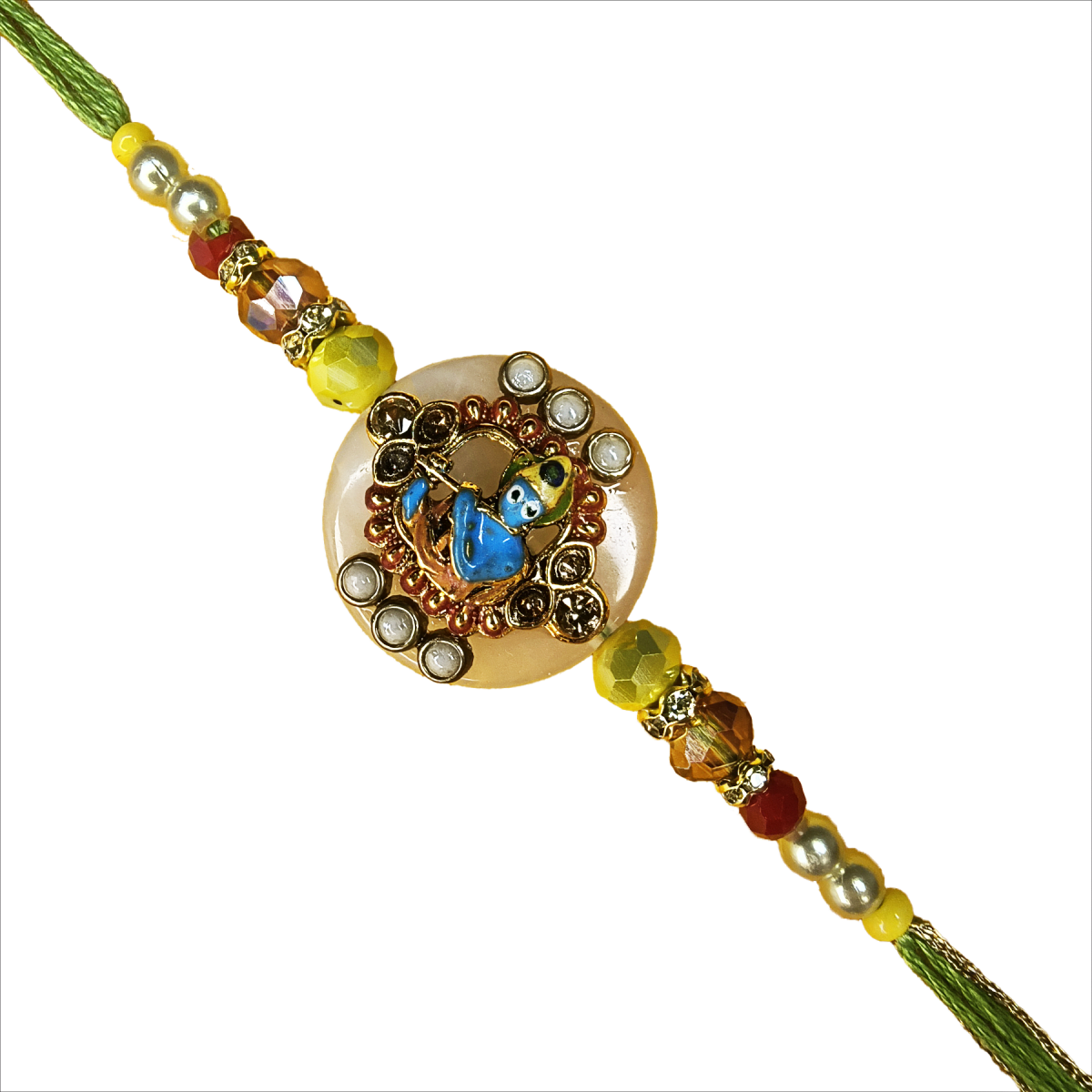 Premium Little Krishna Rakhi in Yellow & Green | Handcrafted Rakhi for Brother