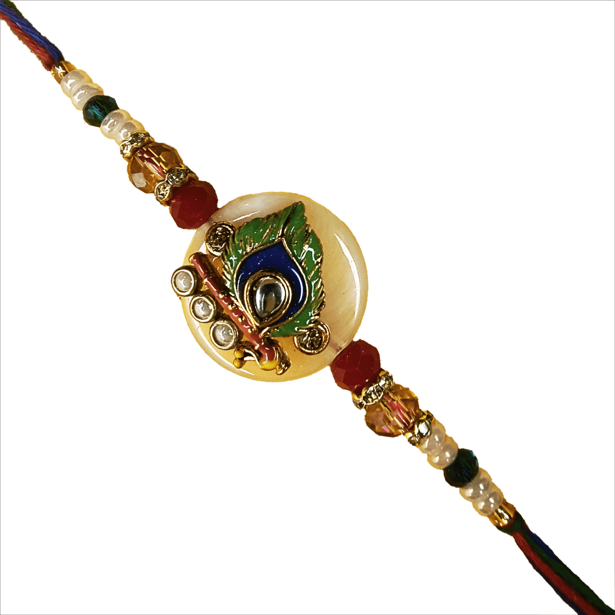 Premium Peacock Feather Flute Rakhi in Multicolor | Handcrafted Rakhi for Brother