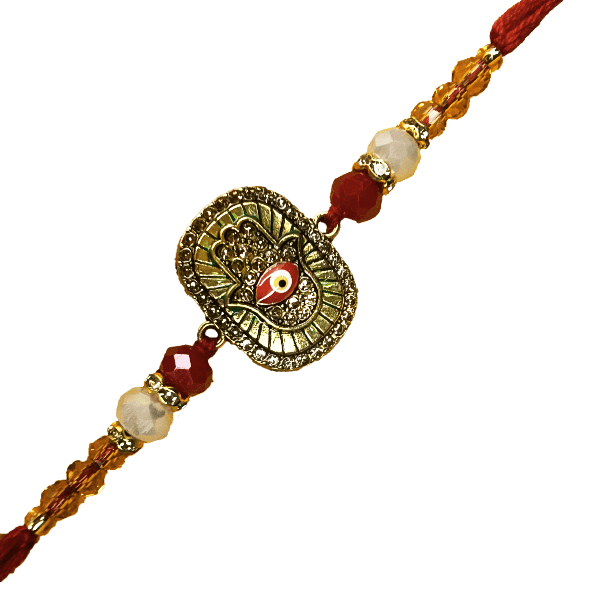 Premium Evil Eye Hamsa Hand Rakhi in Red & Gold | Handcrafted Rakhi for Brother