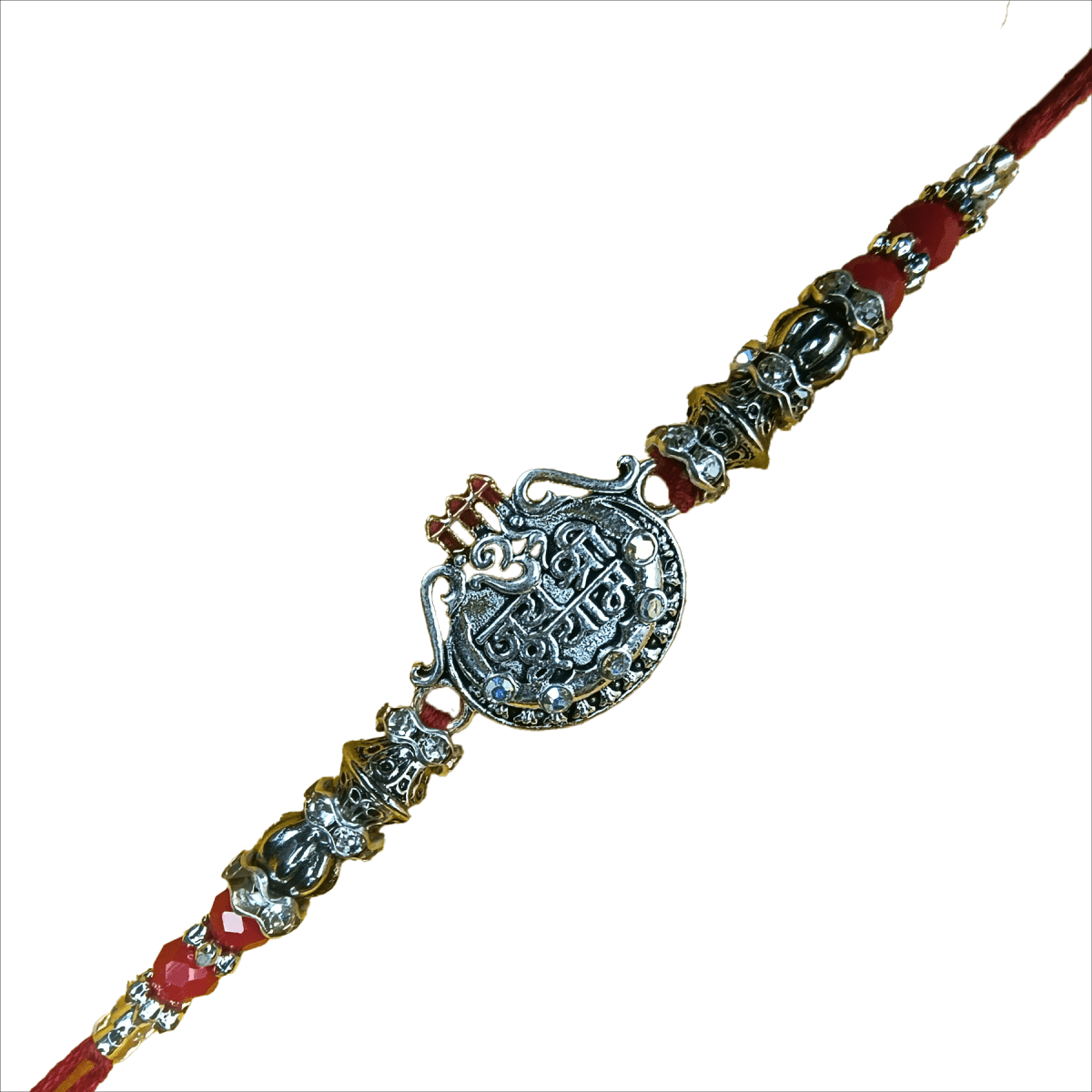 Trishaaya Jai Shri Shyam Rakhi – Silver-Polish Metal Rakhi with Teen Baan Symbol & Red Thread