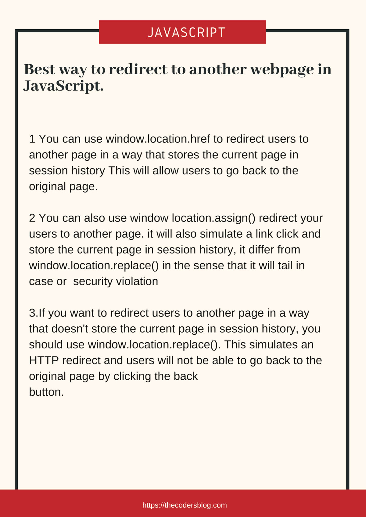 Best way to redirect to another webpage in JavaScript.