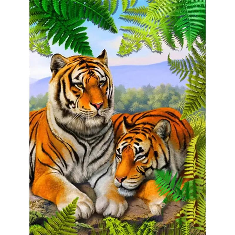 Peinture au Numéro — Deux tigres au repos dans la forêt