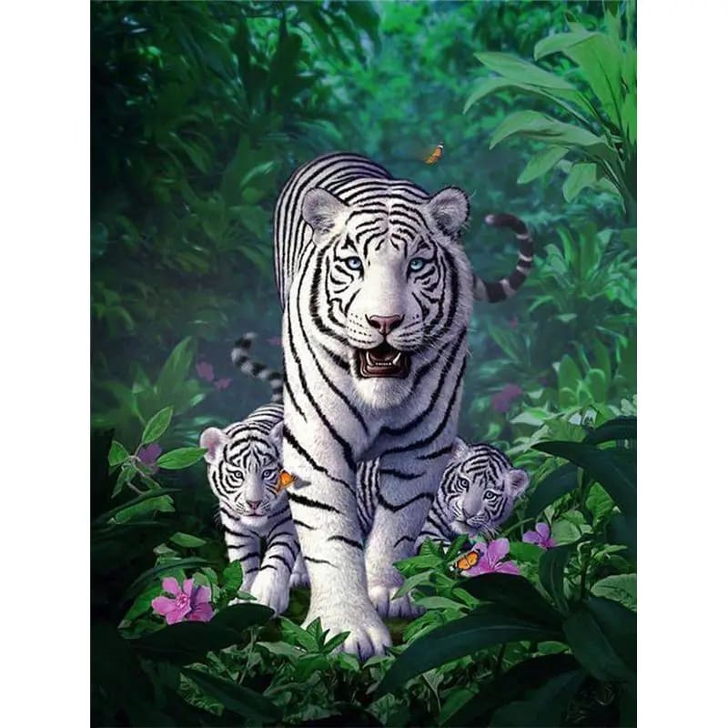 Peinture au Numéro — Tigre blanc et ses petits dans la jungle