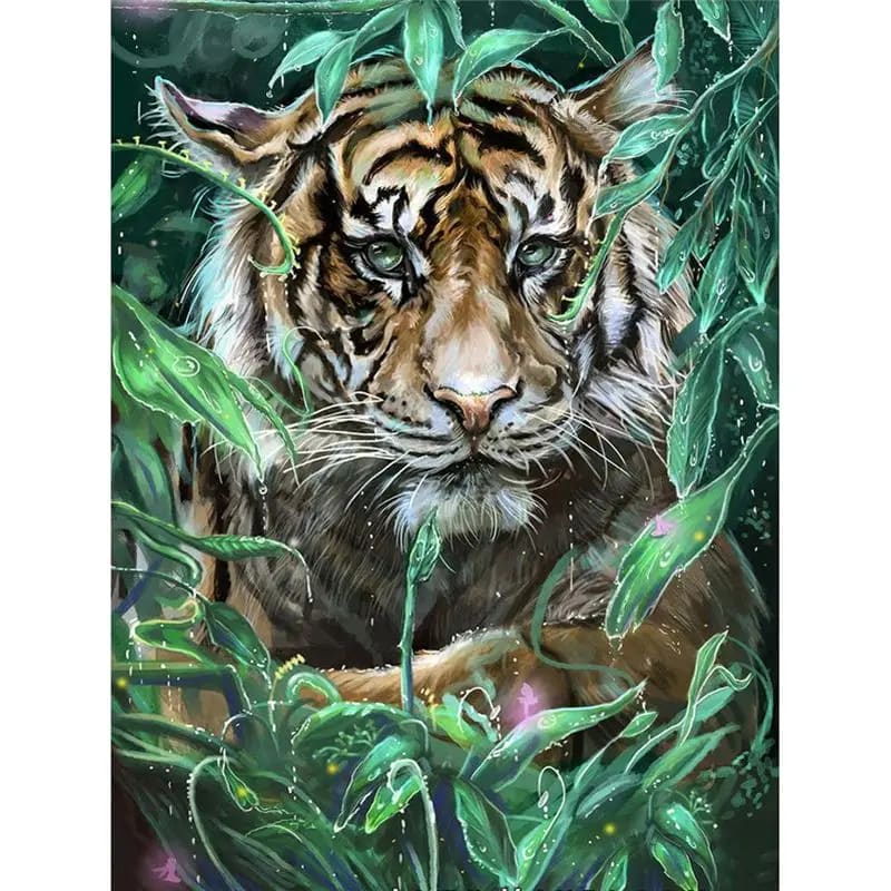 Peinture au Numéro — Tigre aux yeux verts dans la jungle luxuriante
