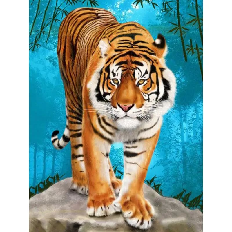 Peinture au Numéro — Tigre marchant sur un rocher, forêt de bambous bleutée