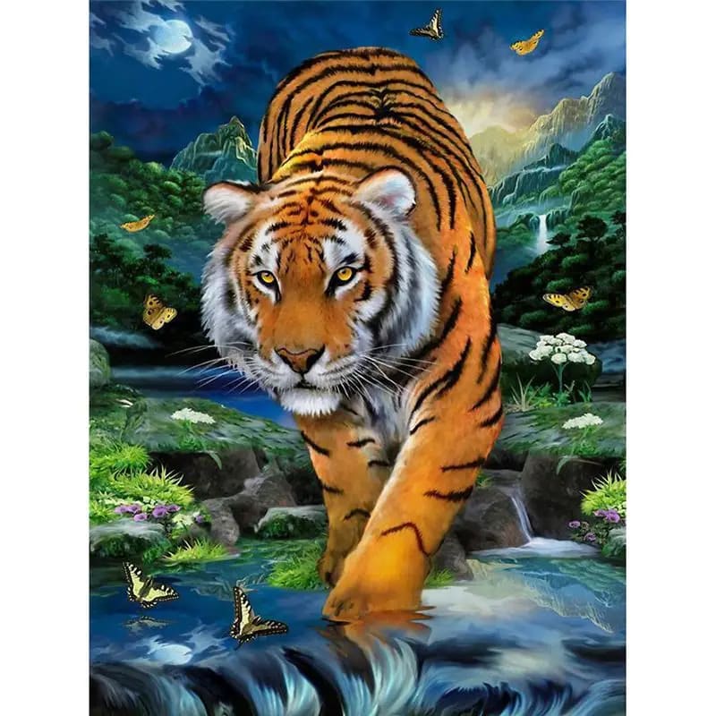 Peinture au Numéro — Tigre au bord du ruisseau sous la pleine lune