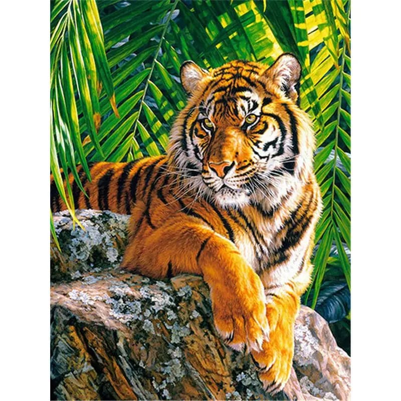 Peinture au Numéro — Tigre du Bengale allongé sur un rocher dans la jungle