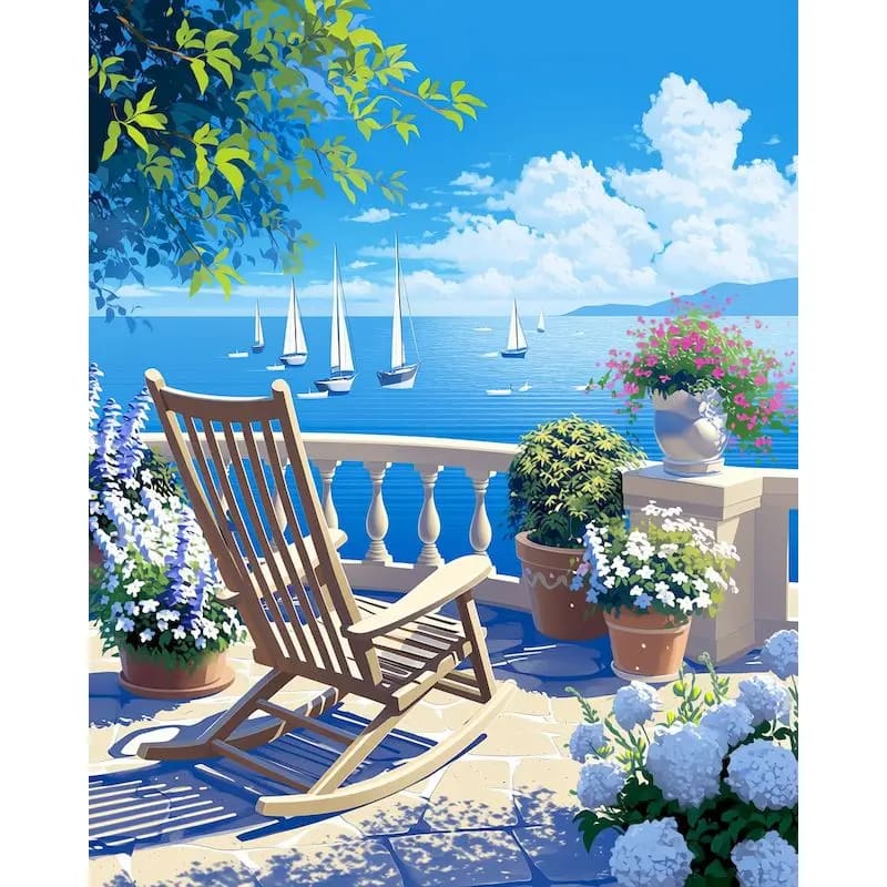 Peinture au Numéro — Balcon fleuri en bord de mer avec fauteuil à bascule et voiliers