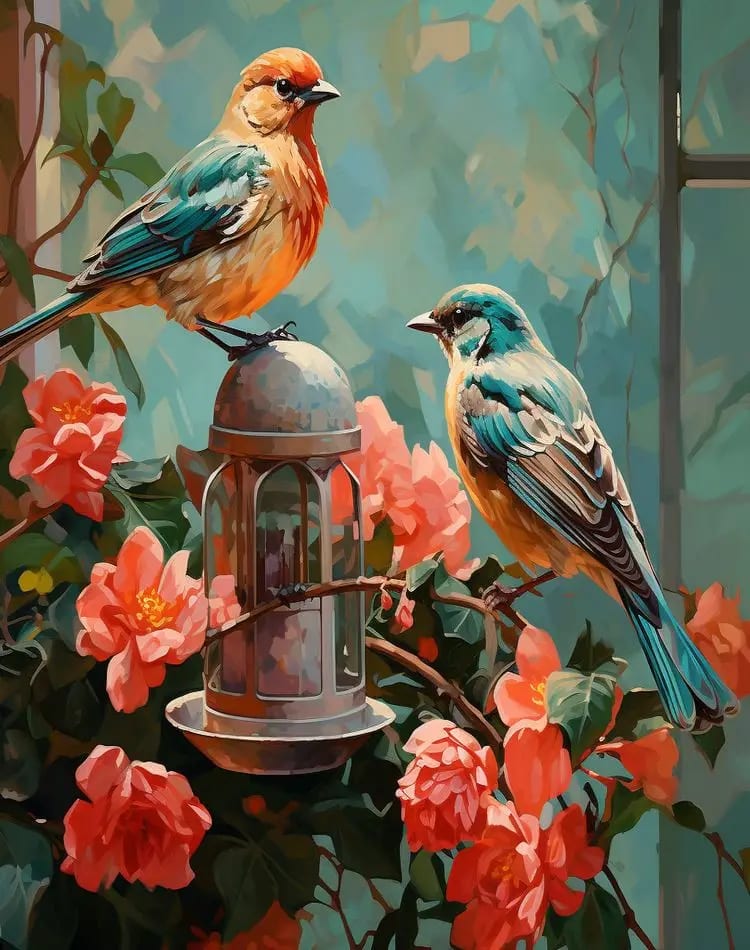 Peinture au Numéro — Deux oiseaux sur mangeoire fleurie de jardin