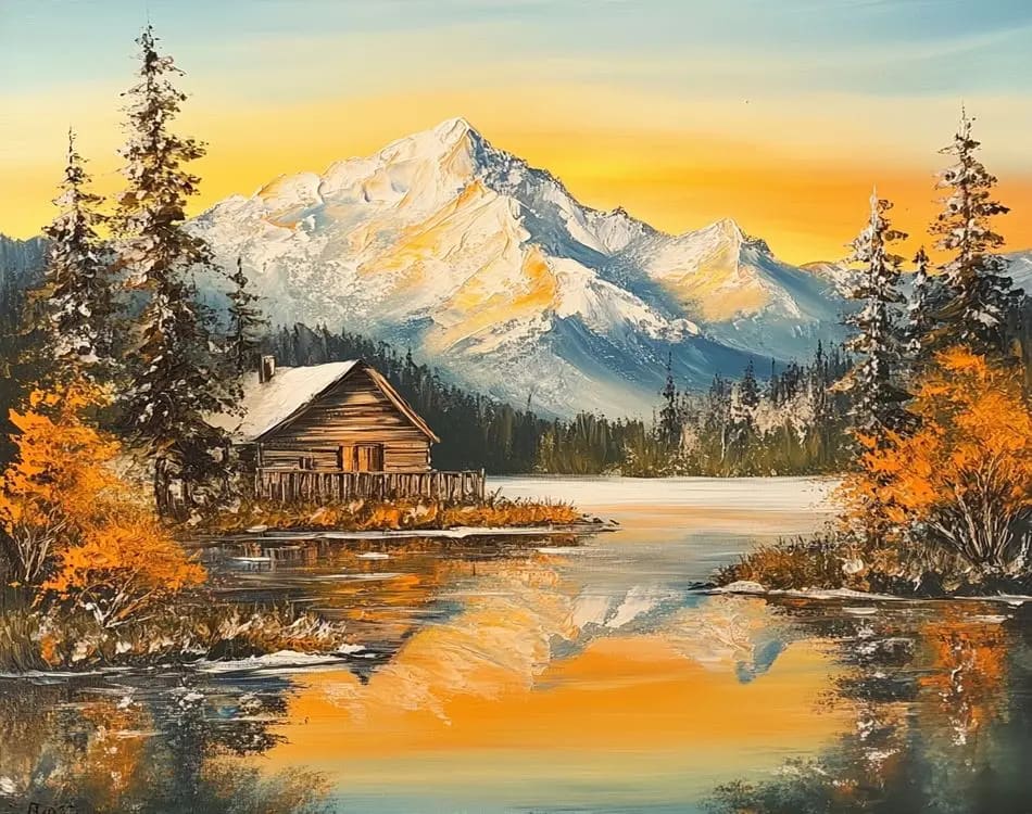 Peinture au Numéro — Chalet au bord du lac et montagnes enneigées au couchant