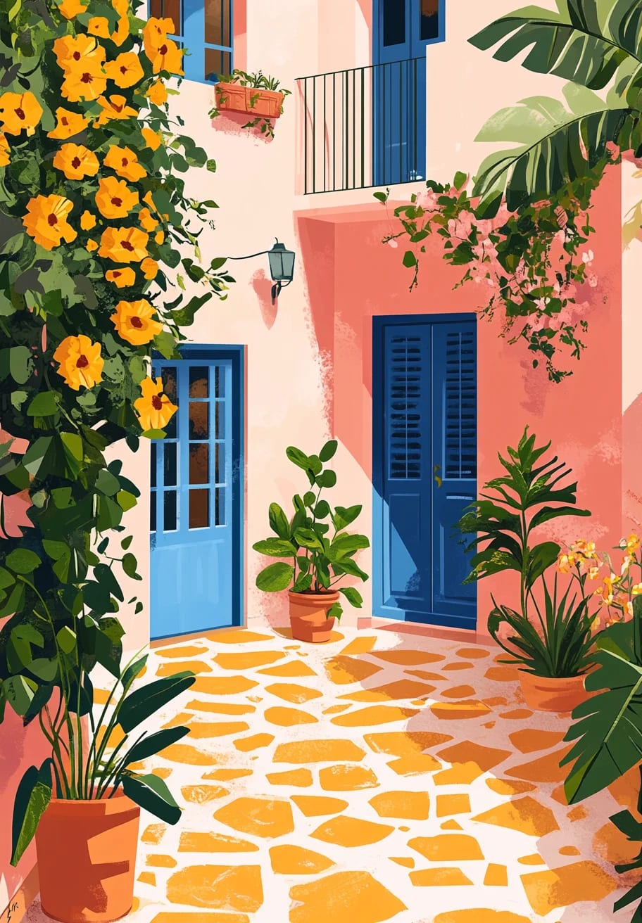 Peinture au Numéro — Cour méditerranéenne aux portes bleues