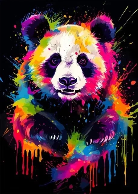 Peinture au Numéro — Panda arc-en-ciel sur fond noir
