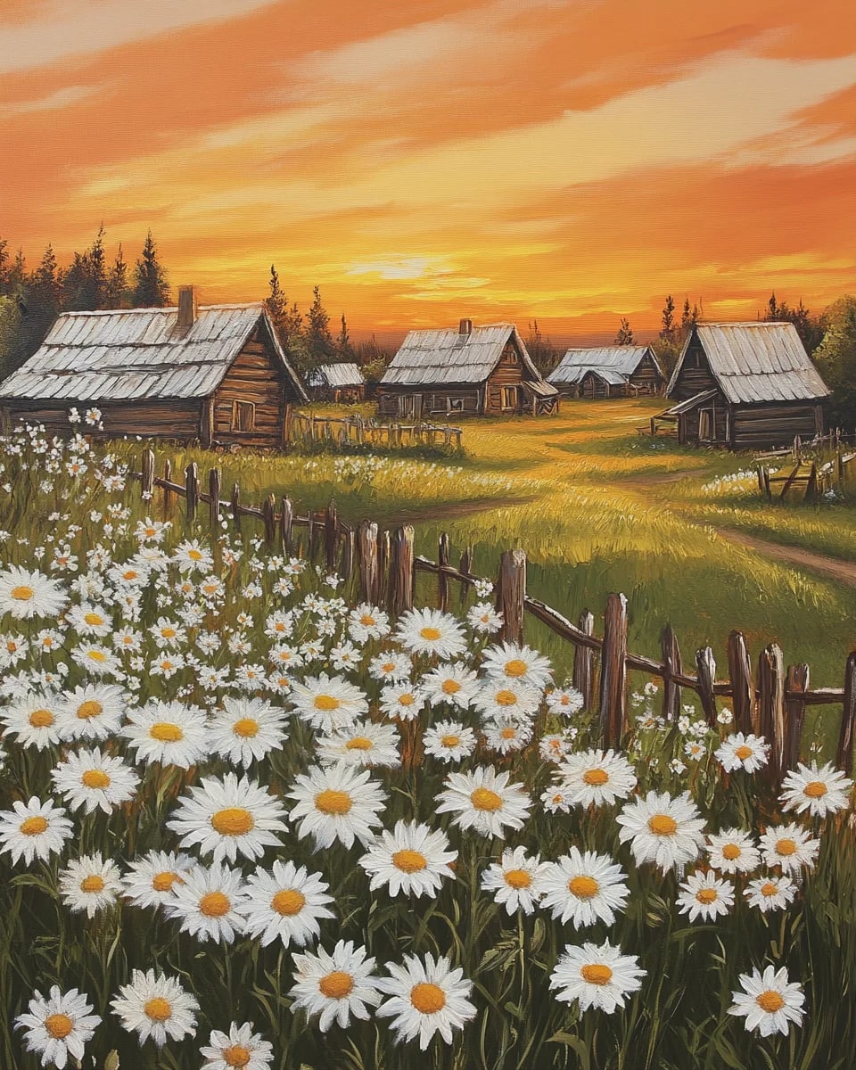 Peinture au Numéro — Village rustique et champ de marguerites au coucher de soleil