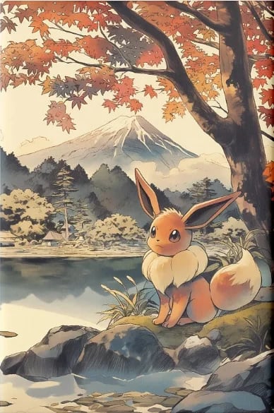 Peinture au Numéro — Évoli au bord du lac sous les érables d'automne (Pokémon)