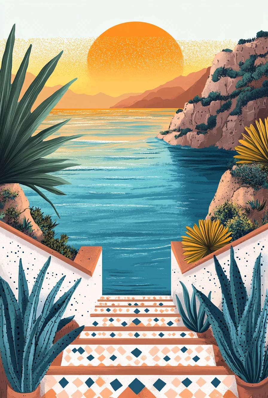 Peinture au Numéro — Escalier vers la crique au coucher du soleil