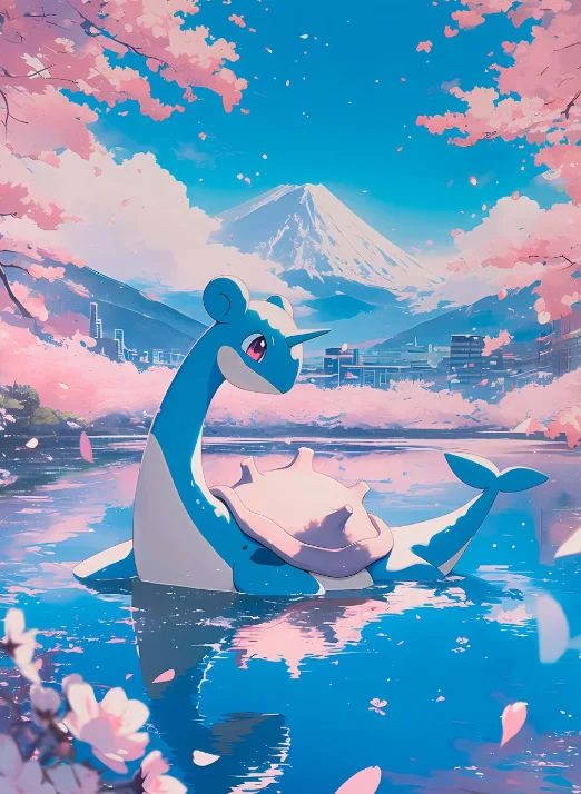 Peinture au Numéro — Lokhlass sur un lac de cerisiers devant le mont Fuji (Pokémon)