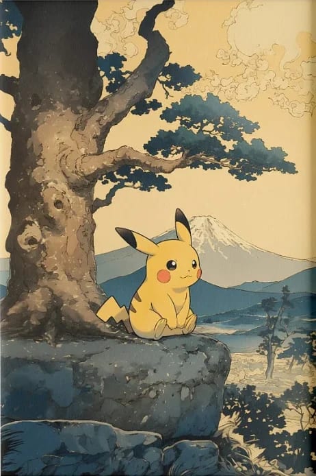 Peinture au Numéro — Pikachu au pied de l'arbre devant le mont Fuji (Pokémon)