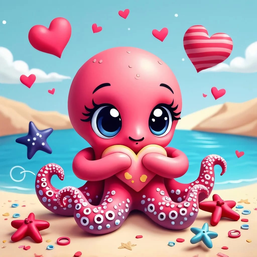 Peinture au Numéro — Pieuvre rose kawaii sur la plage