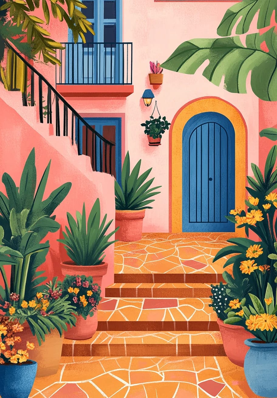 Peinture au Numéro — Patio rose à la porte bleue