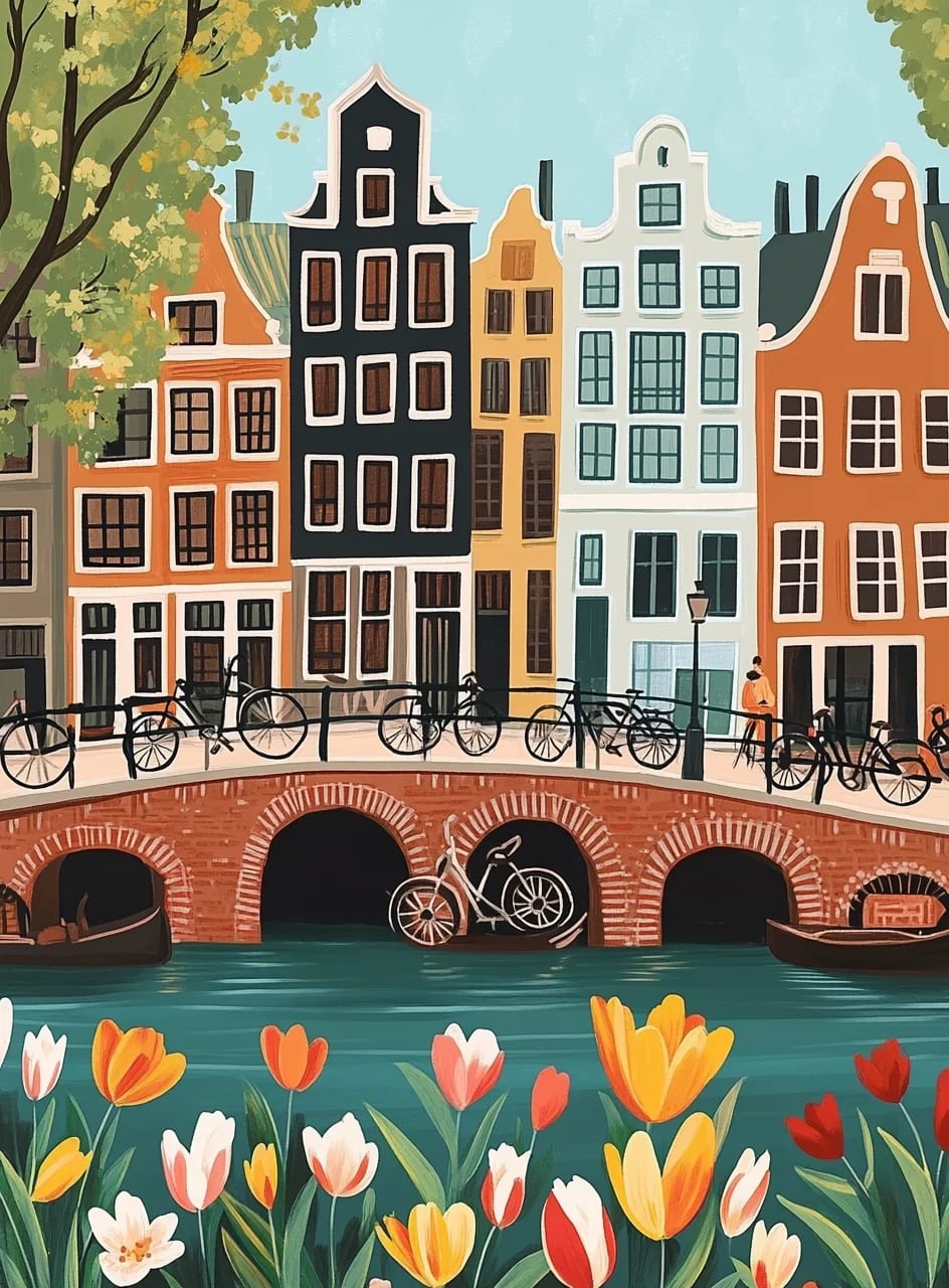 Peinture au Numéro — Canal d'Amsterdam aux tulipes et vélos