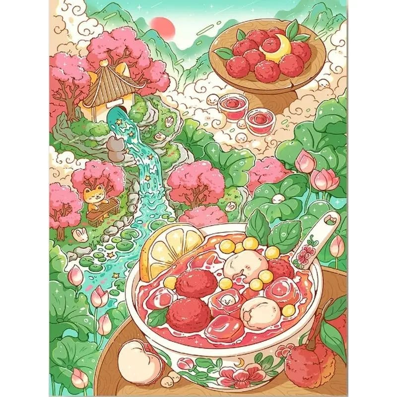 Peinture au Numéro — Bol de fruits au bord de la rivière fleurie (kawaii)