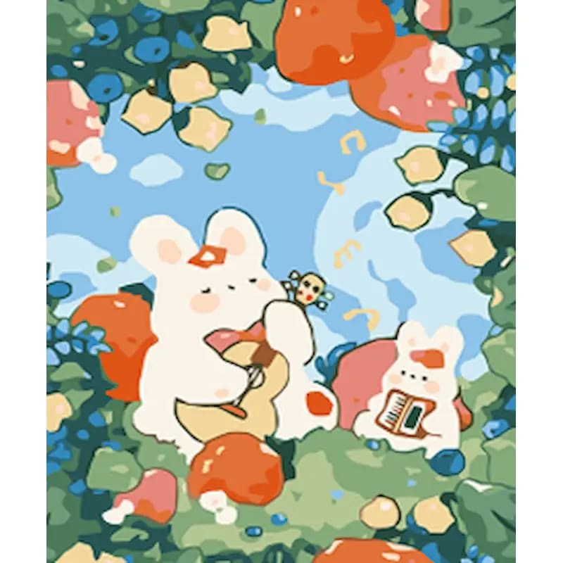 Peinture au Numéro — Lapins musiciens parmi les fraises (kawaii)