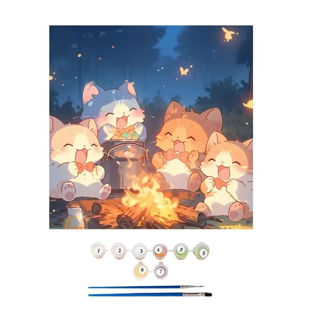 Peinture au Numéro — Chatons kawaii autour du feu de camp