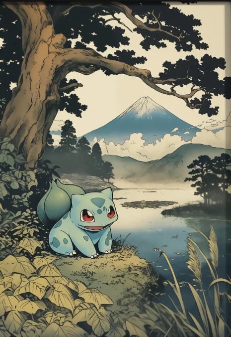 Peinture au Numéro — Bulbizarre devant le mont Fuji, estampe japonaise (Pokémon)