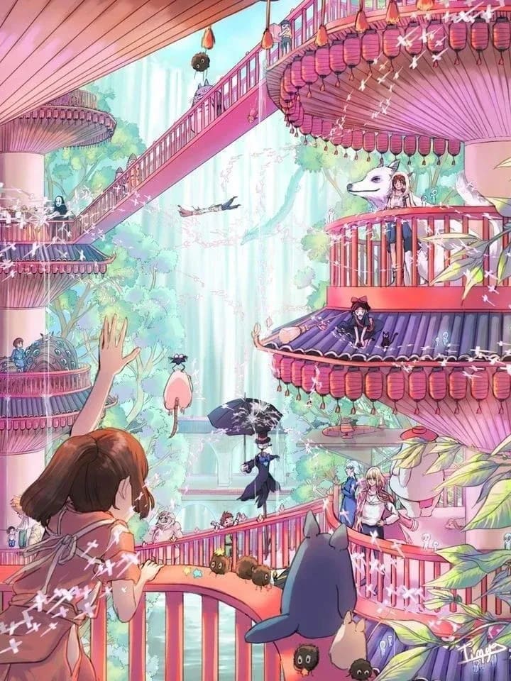 Peinture au Numéro — Cité aux lanternes rouges style Ghibli