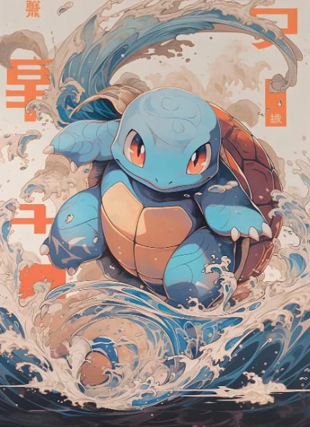 Peinture au Numéro — Carapuce sur la grande vague, style ukiyo-e (Pokémon)