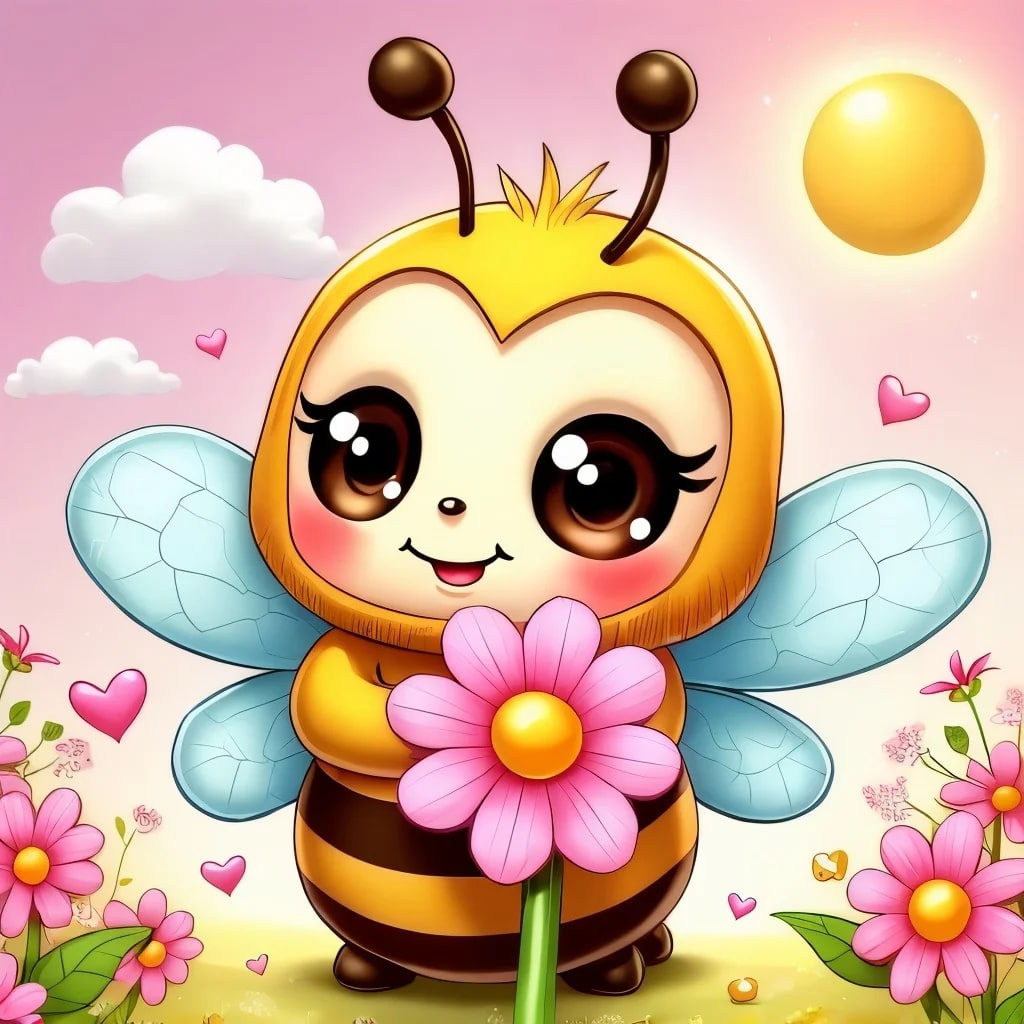 Peinture au Numéro — Abeille kawaii tenant une fleur rose