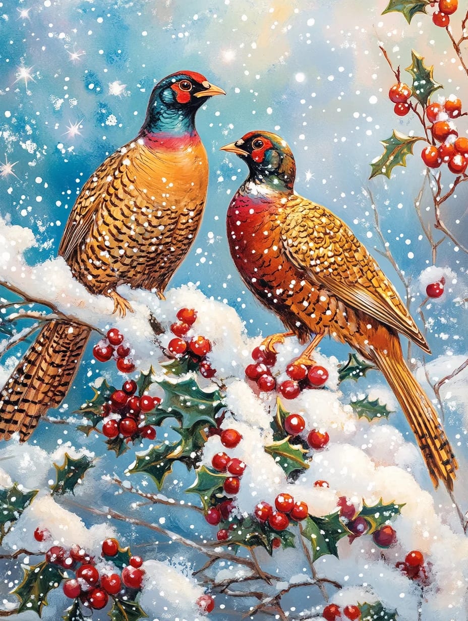 Peinture au Numéro — Couple de faisans sous la neige et houx