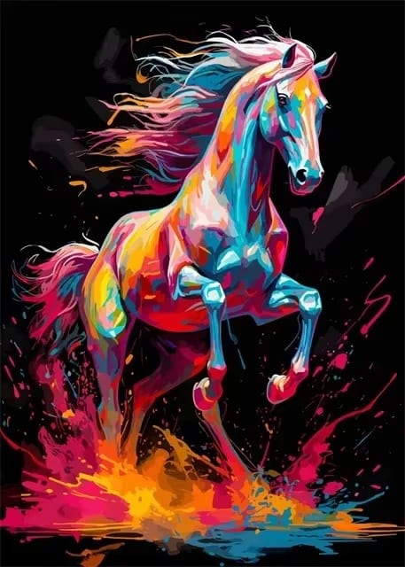Peinture au Numéro — Cheval au galop crinière colorée