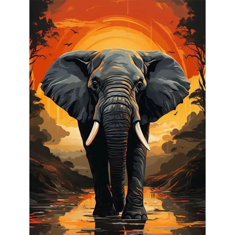 Peinture au Numéro — Éléphant d'Afrique au coucher de soleil orange
