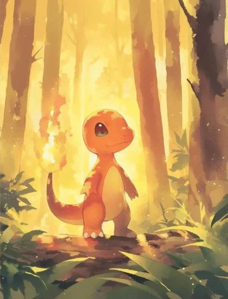 Peinture au Numéro — Salamèche dans la forêt lumineuse (Pokémon)