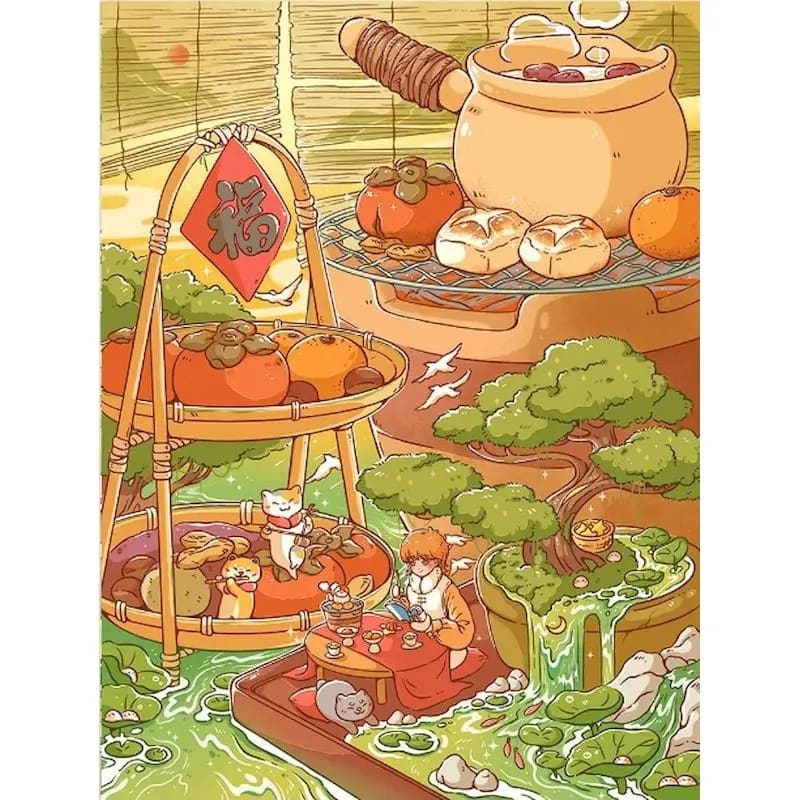 Peinture au Numéro — Chats et kakis, scène d'automne gourmande (kawaii)