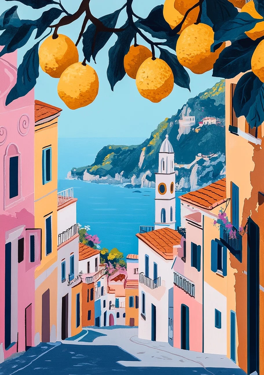 Peinture au Numéro — Village côtier d'Amalfi et citronniers