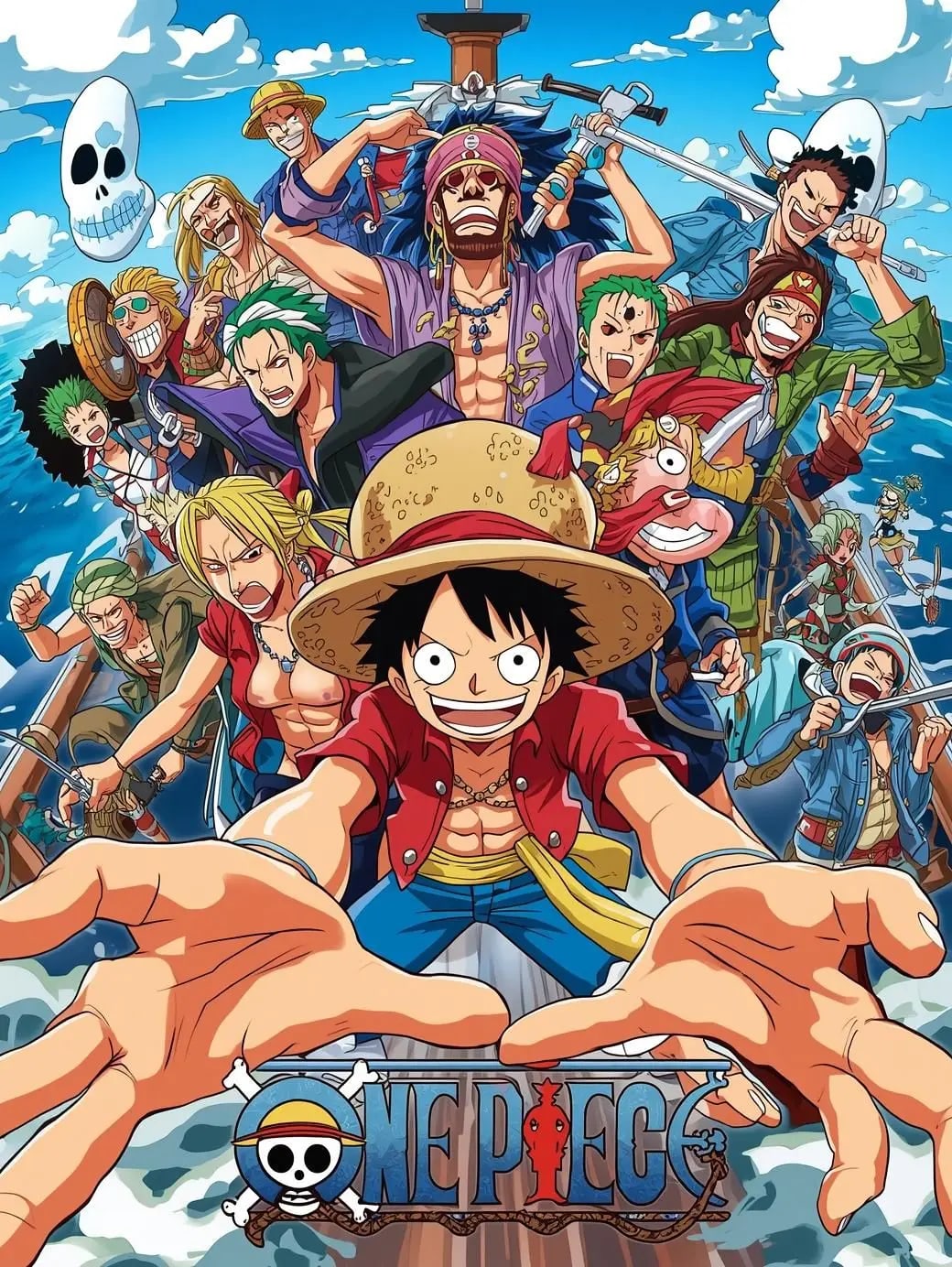 Peinture au Numéro — Équipage de Luffy en mer devant le navire (One Piece)